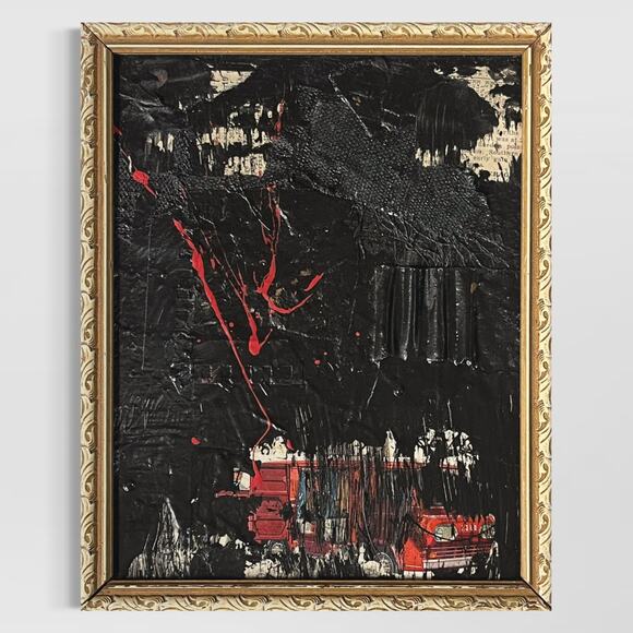 None Other - Original Framed Mixed Media Abstract Art Painting Collage 8x10 "Econo"